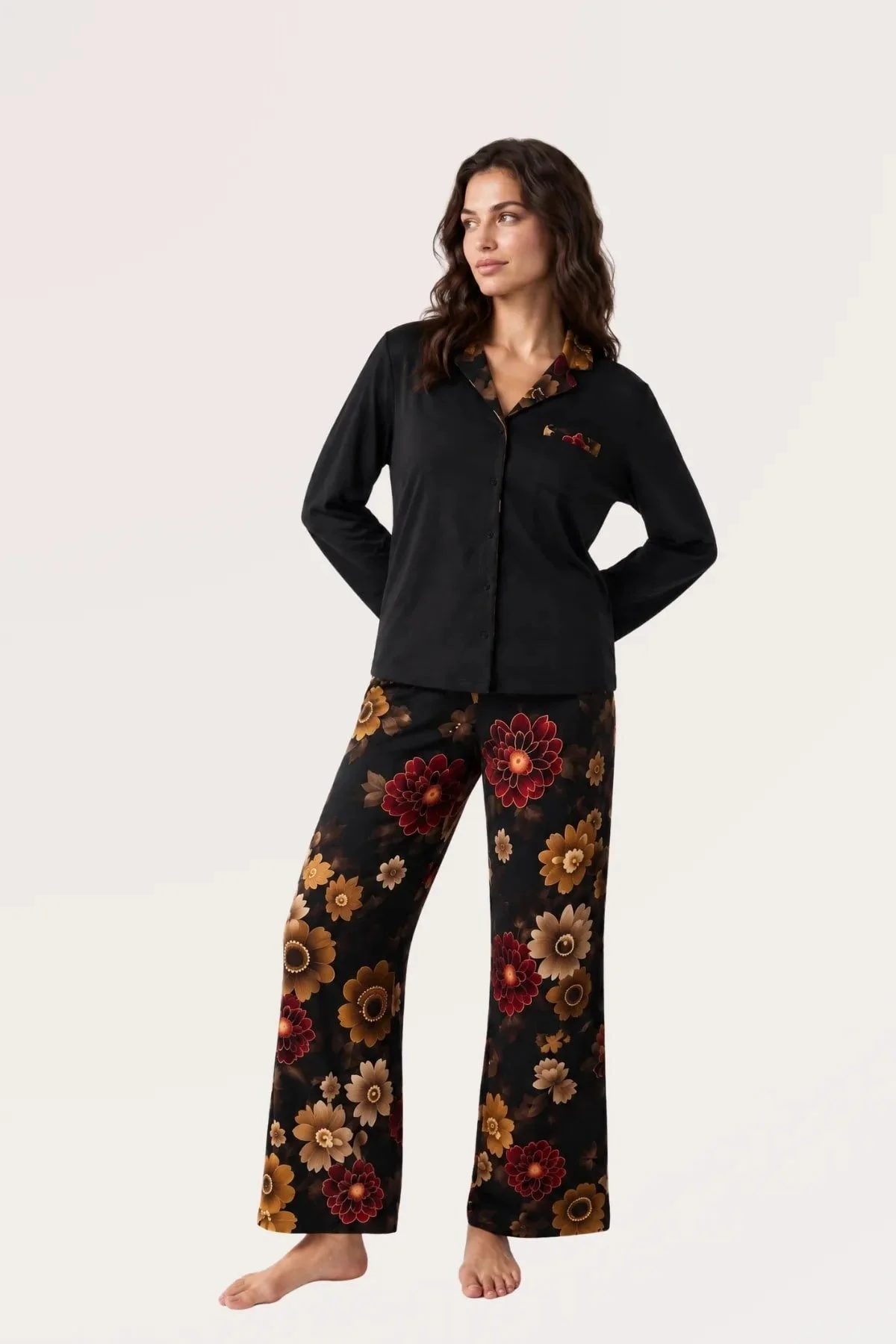 Pjs 30204 Kadın Önü Düğmeli Uzun Kol Pijama Takım görsel 3