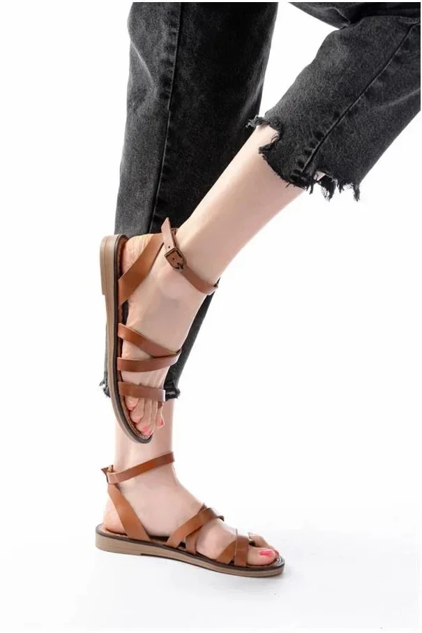 Kadın Tokalı Sandalet Hakiki Arası Parmak Yazlık Deri