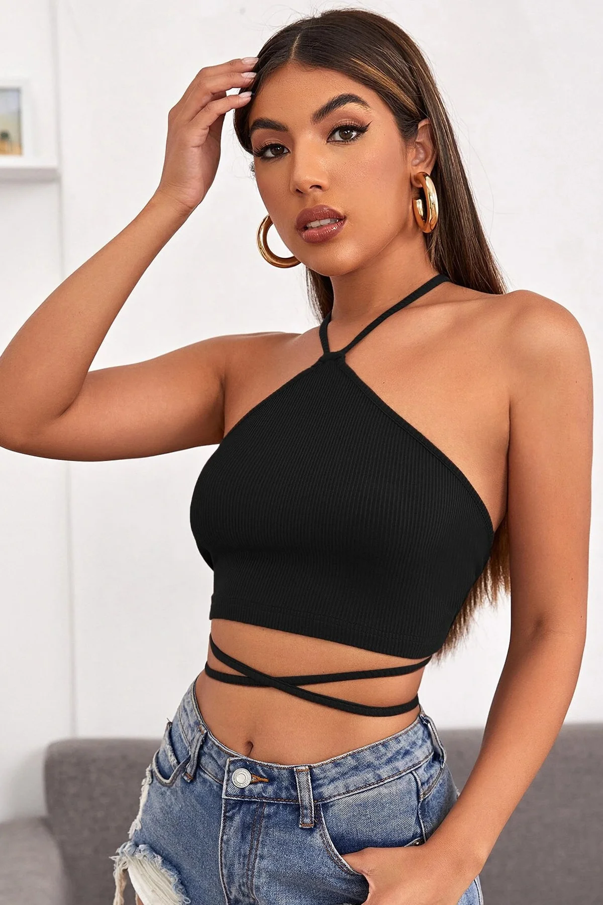 Kadın Siyah Sırtı Açık Boyundan Çapraz Bağlamalı Crop Top Bluz görsel 5