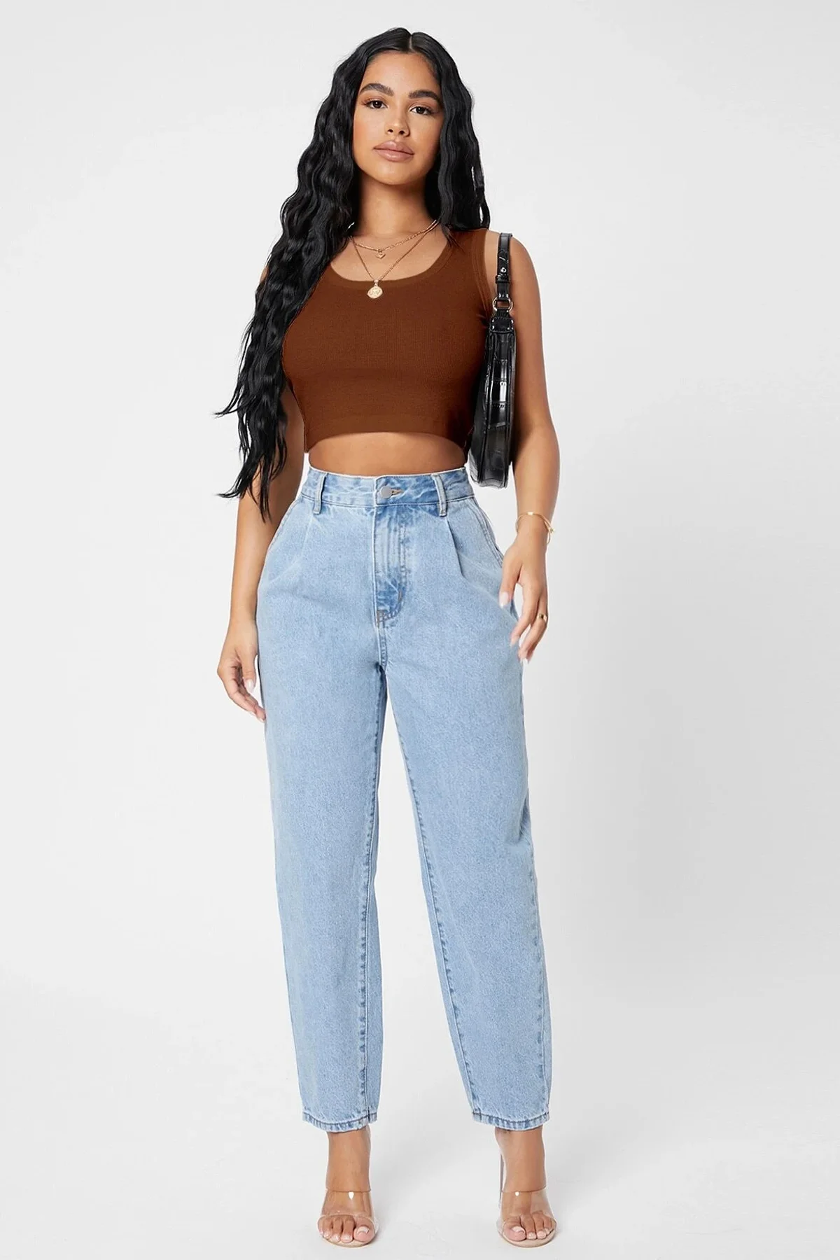 Kadın Kahverengi Kare Yaka Crop Top Bluz görsel 3