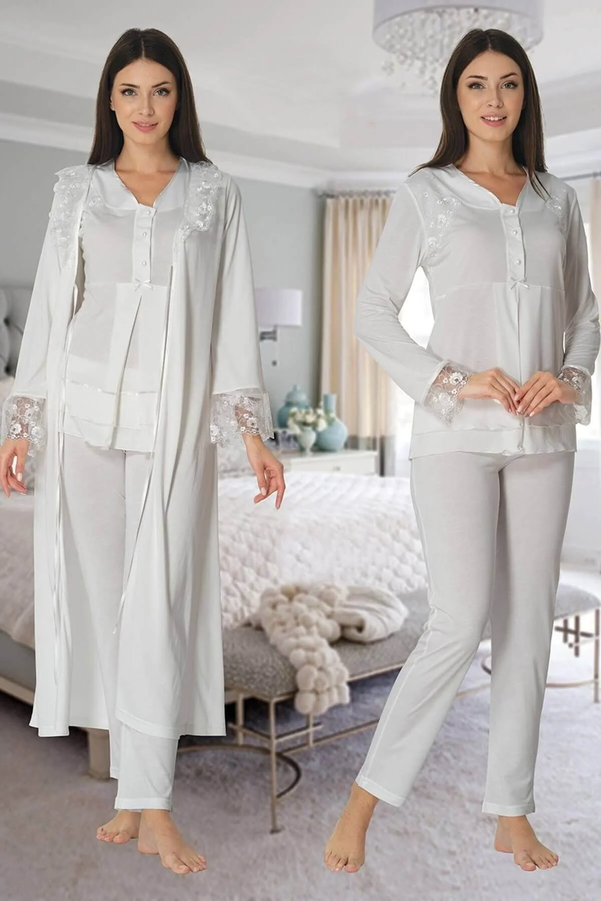 Effortt 2424 Uzun Dantel Sabahlıklı Lohusa Pijama