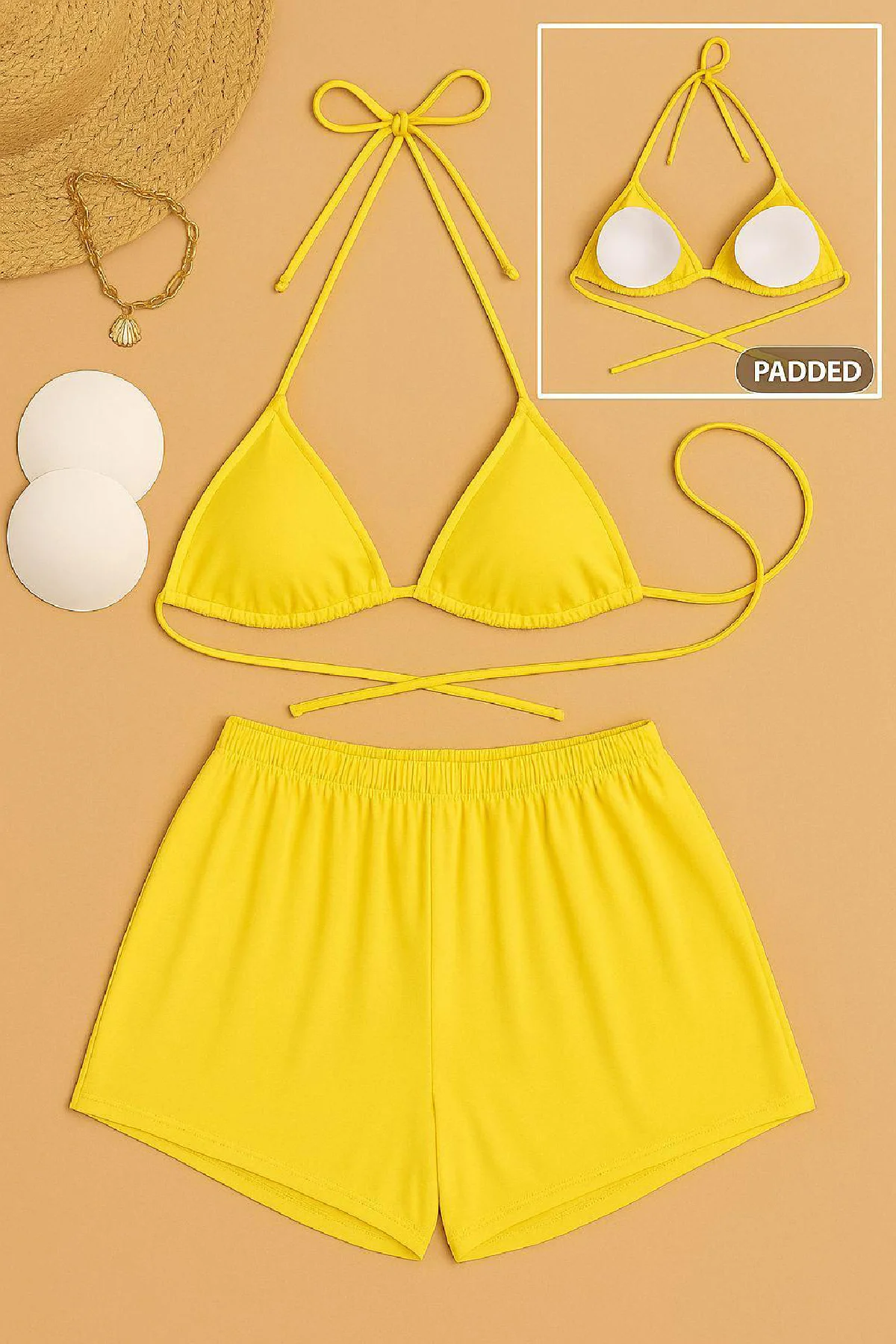 Kadın Sarı Şortlu Belden ve Boyundan Bağlamalı Bikini Takımı görsel 3
