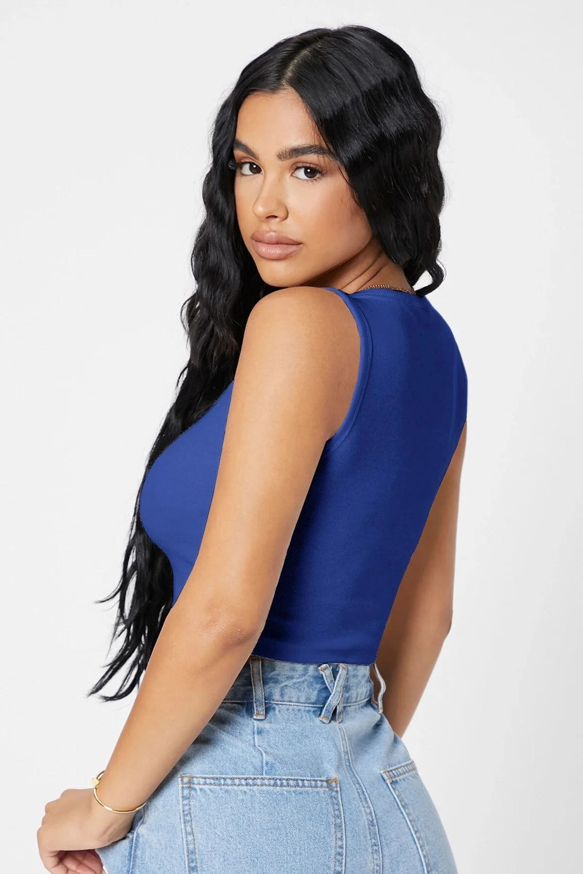 Kadın Lacivert Kare Yaka Crop Top Bluz görsel 2