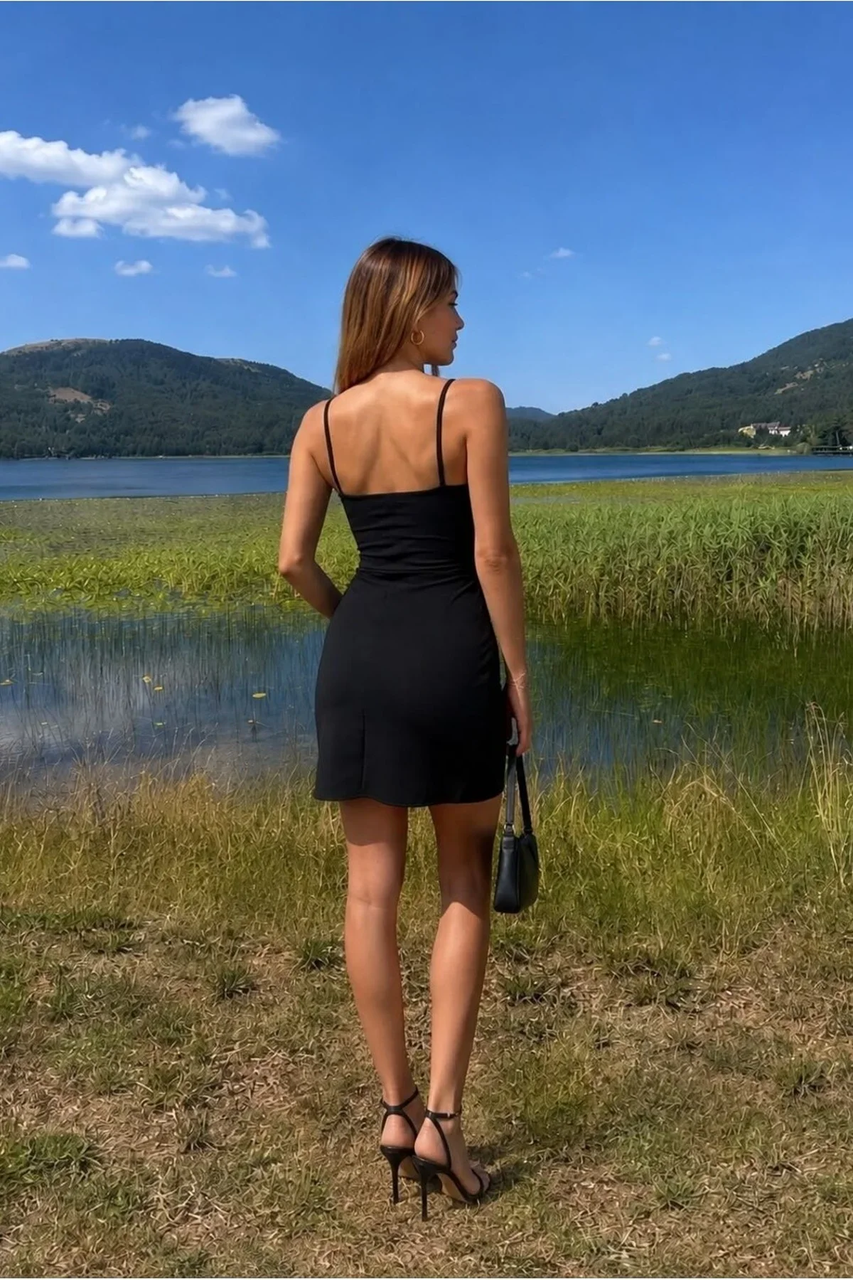 Kadın Kruvaze Yaka Drapeli Mini Askılı Elbise görsel 8