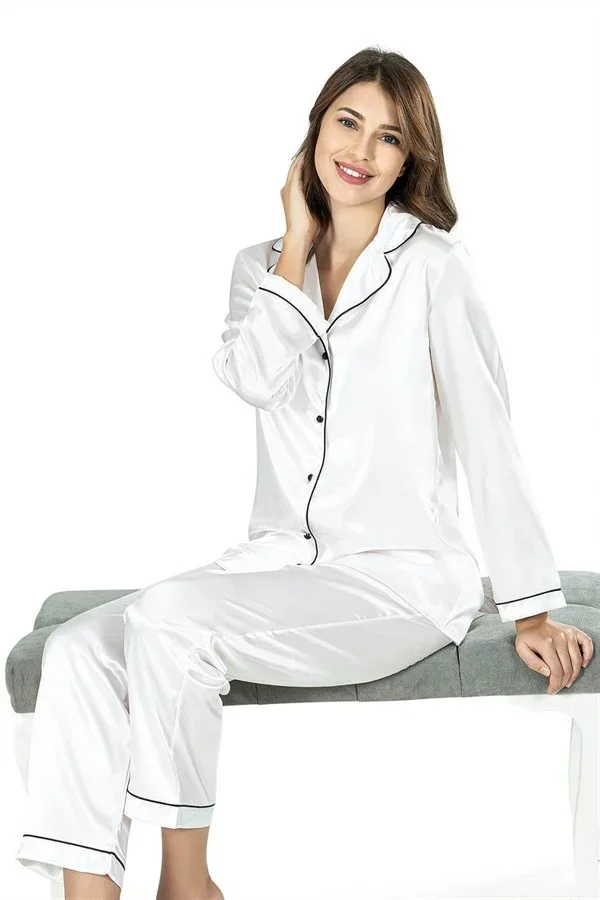 Şık Tasarım Yumuşak Dokulu Biyeli Önden Düğmeli Ekru İkili Saten Gecelik Pijama Takımı