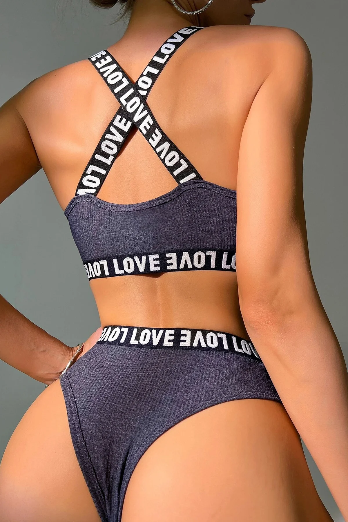 Kadın Lacivert Çapraz Sırt Ve Love Yazı Detaylı Iç Çamaşır Takımi görsel 3