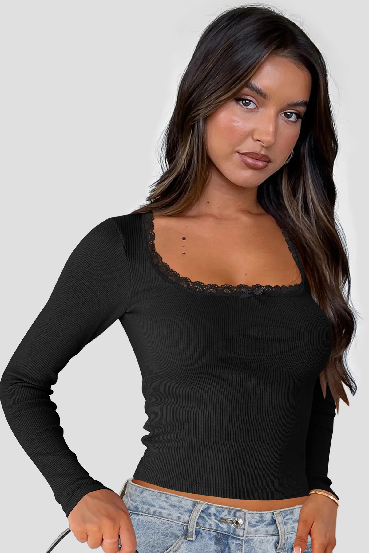 Kadın Siyah Kare Yaka Dantelli Uzun Kollu Crop Top Bluz görsel 9