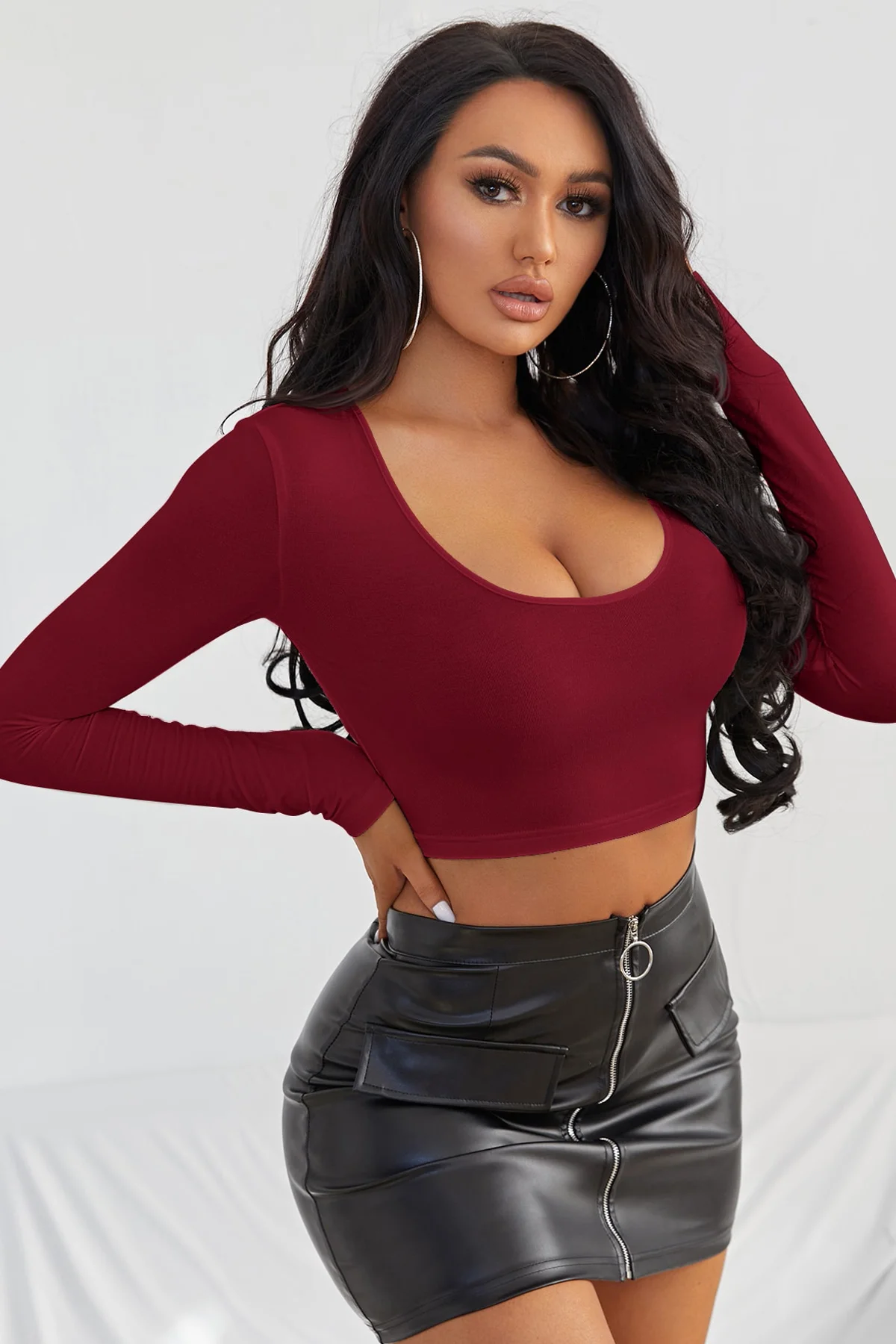 Kadın Bordo Uzun Kol Kare Yaka Crop Top Bluz görsel 5
