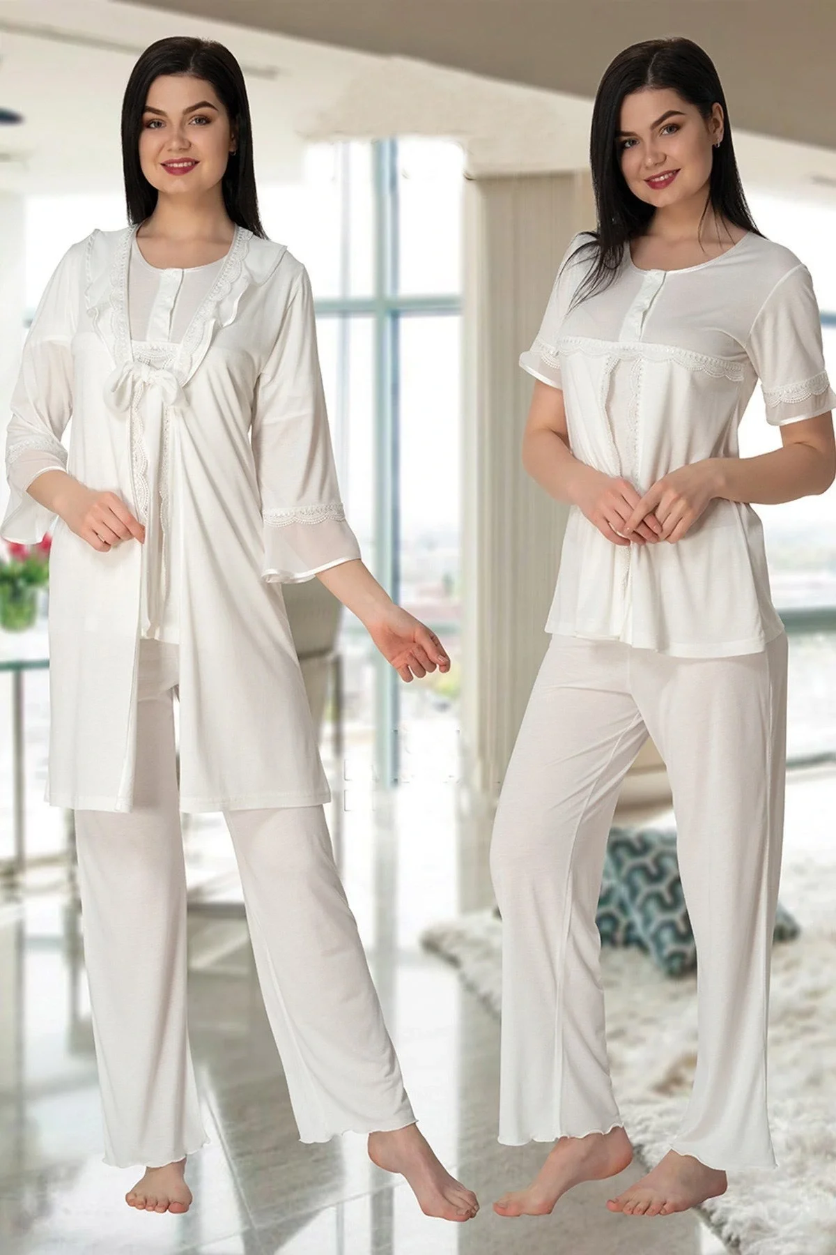 Effortt 4074 Kolları Volanlı Sabahlıklı Lohusa Pijama Takımı
