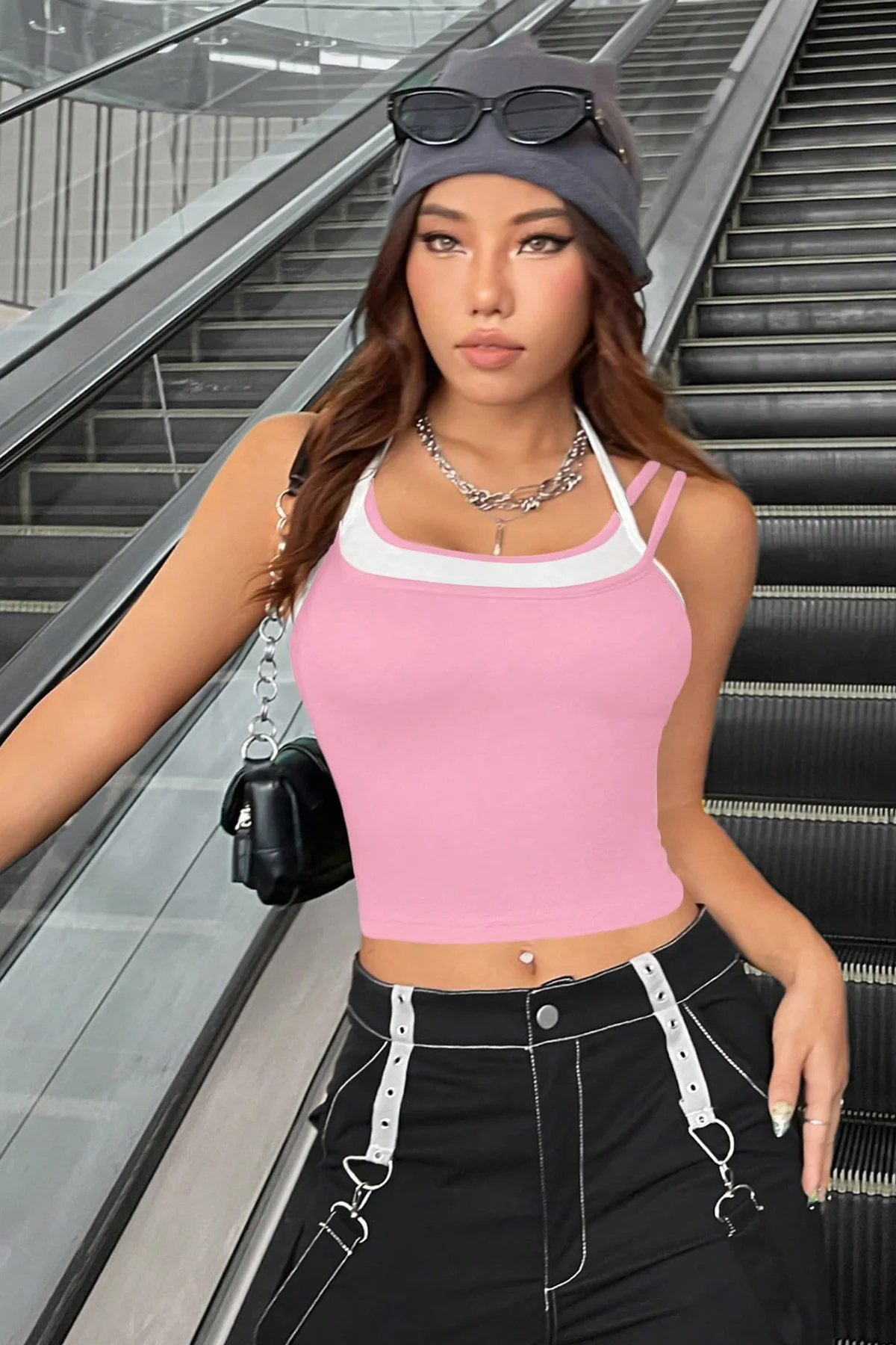 Kadın Pembe Beyaz Çift Renk Çapraz Askılı Crop Top Bluz görsel 4