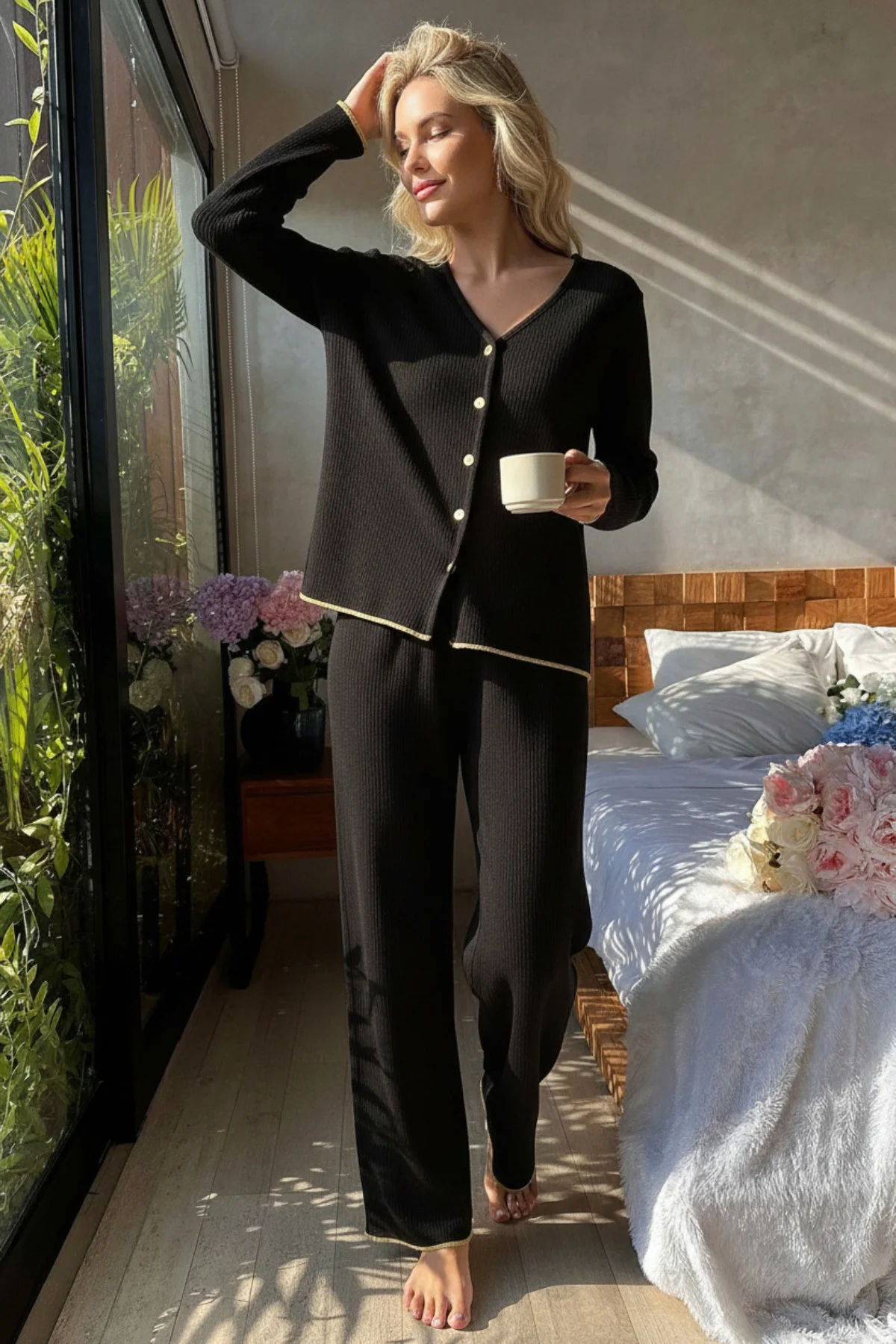 Premium Kadın Fitilli Pijama Takımı – Siyah Gold Biye Detaylı, Yumuşak Dokulu Ev Şıklığı görsel 4