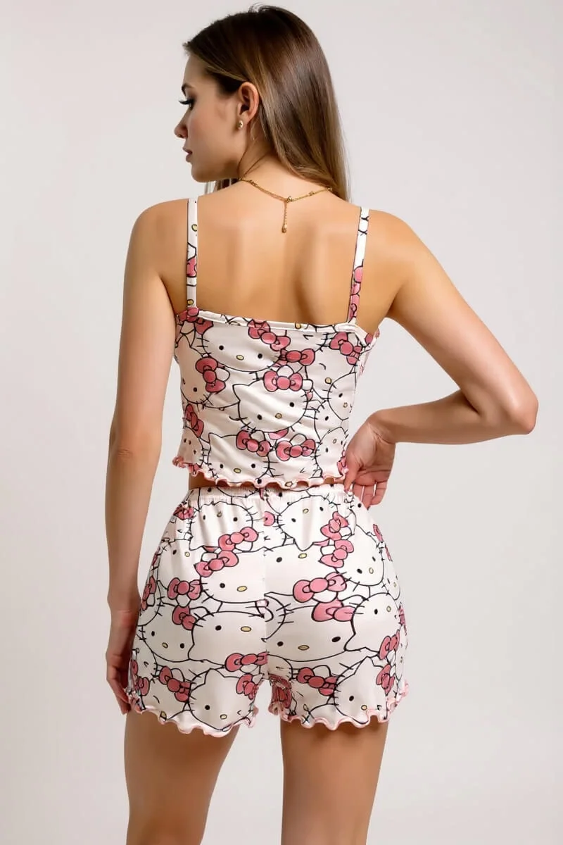 Hello Kitty Baskılı Askılı Şortlu Pijama Takımı görsel 4
