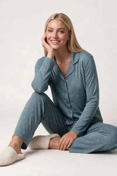 Pjs 30198 Kadın Önden Düğmeli Uzun Kol Pijama Takımı görsel 4