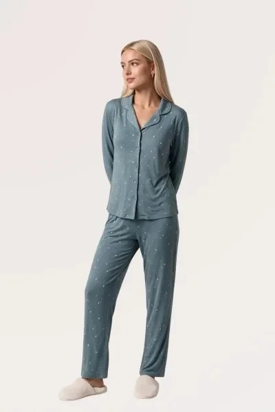 Pjs 30198 Kadın Önden Düğmeli Uzun Kol Pijama Takımı görsel 2