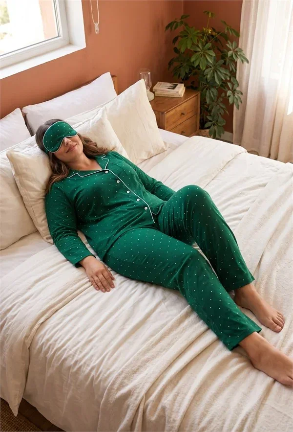 Pamuklu Yumuşak Dokulu Büyük Beden Zümrüt Yeşili Beyaz Puantiyeli Biyeli Düğmeli Uzun Kollu Pijama Takımı görsel 3