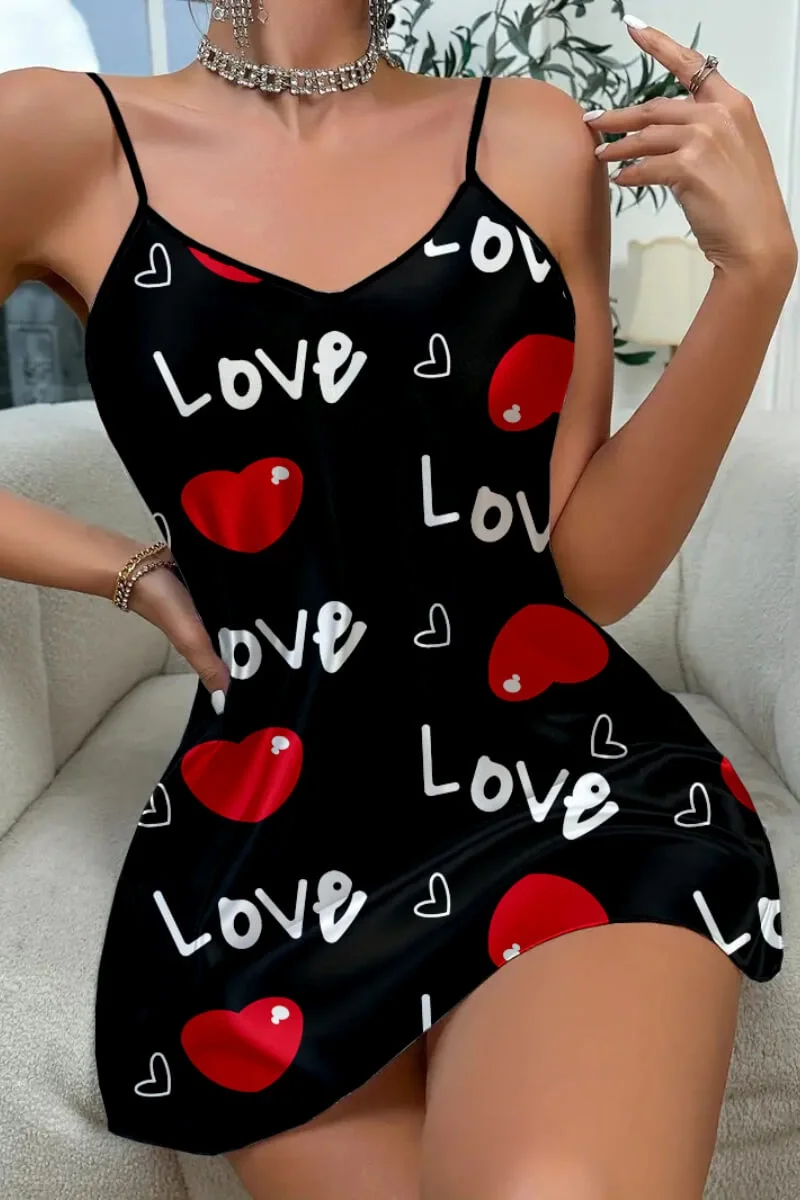 Love Desenli Siyah Saten Gecelik görsel 4