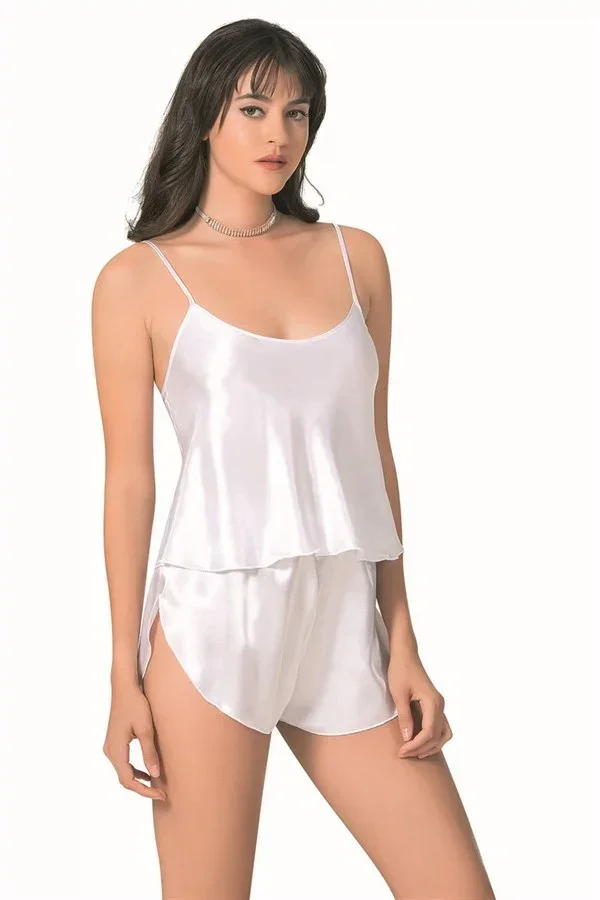 Şık Tasarım Yumuşak Dokulu Beyaz Saten Babydoll Şort Takımı