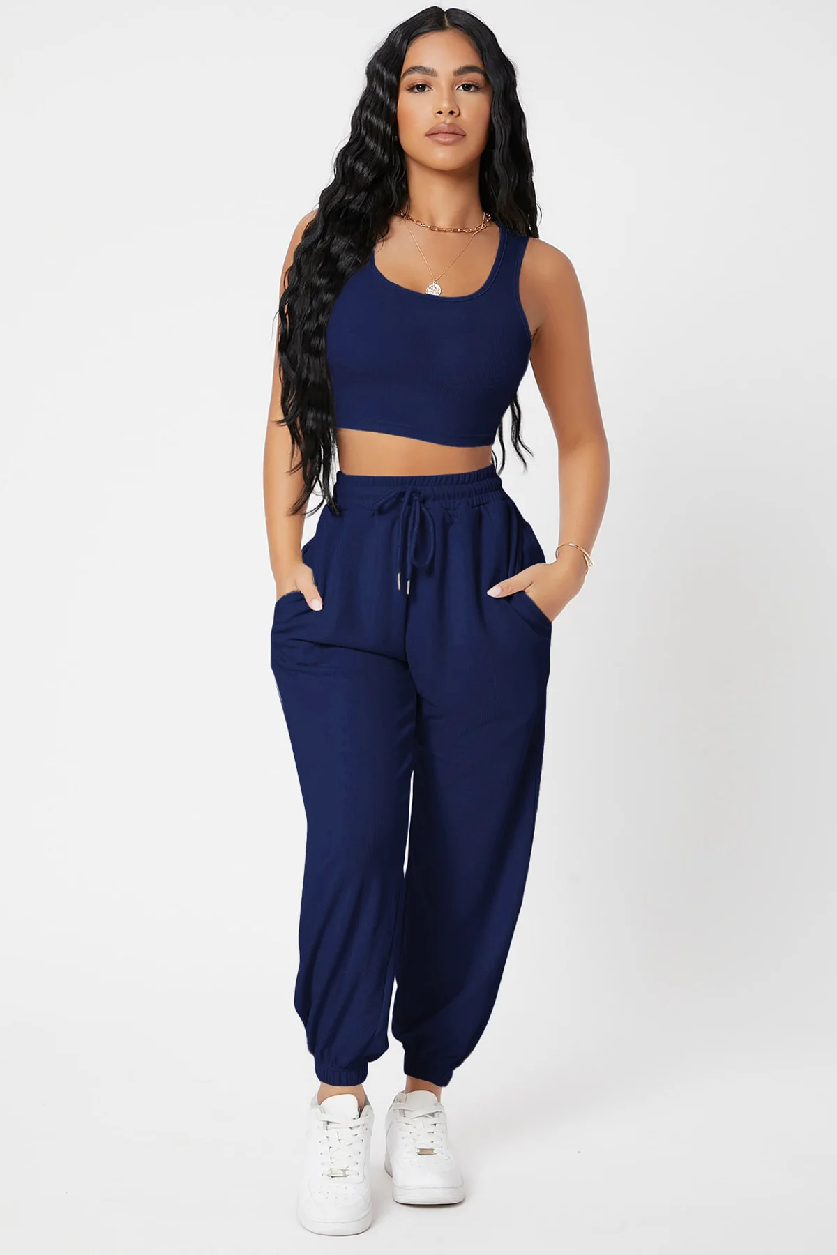 Kadın Lacivert Kaşkorse Cepli Jogger Eşofman Altı ve Crop Top Bluz görsel 5