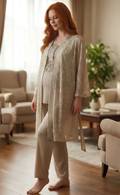 Bone 6201 Kadın Jakar Saten Sabahlıklı Lohusa Pijama Takımı