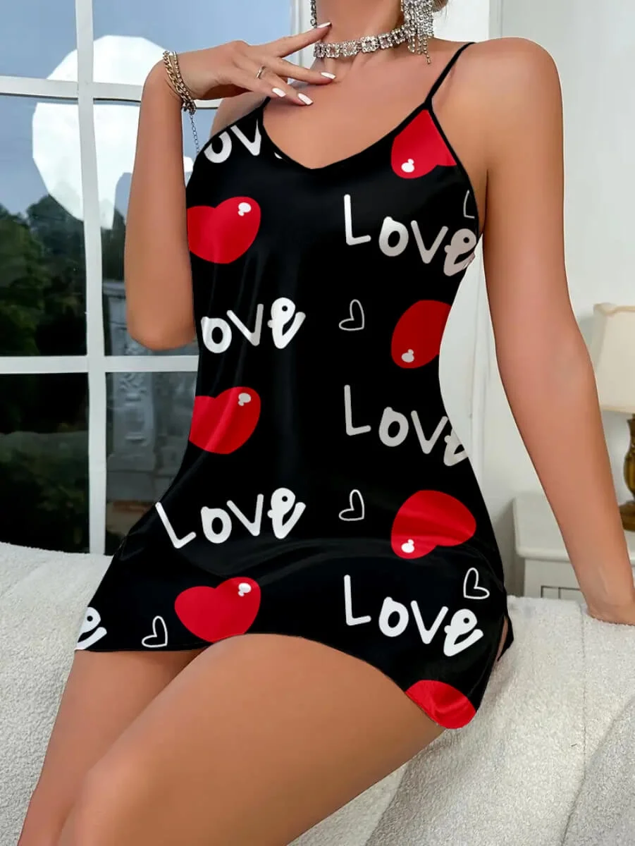 Love Desenli Siyah Saten Gecelik görsel 2