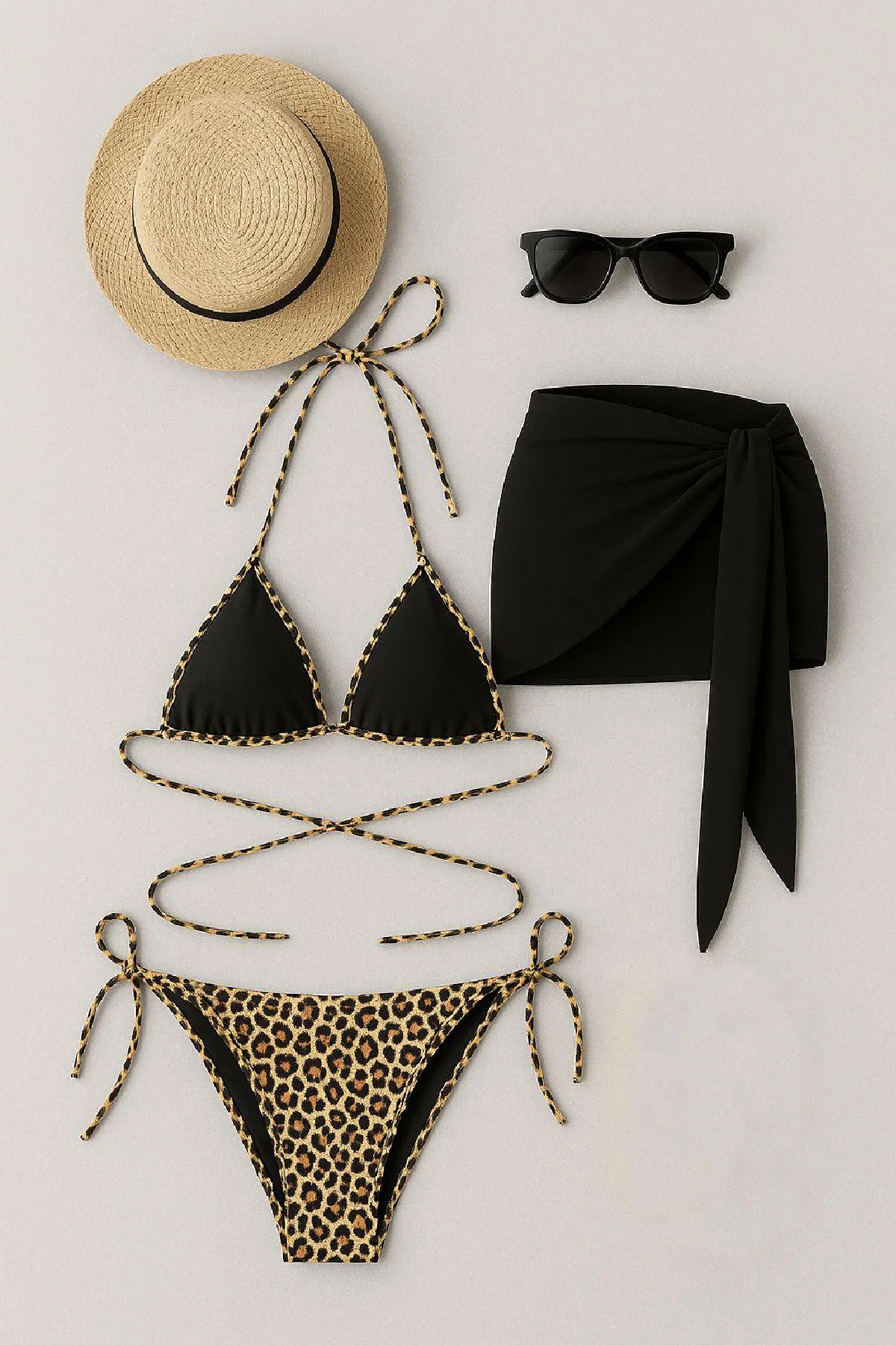 Kadın Siyah ve Leopar Desenli Pareolu 3'lü Bikini Takımı görsel 3
