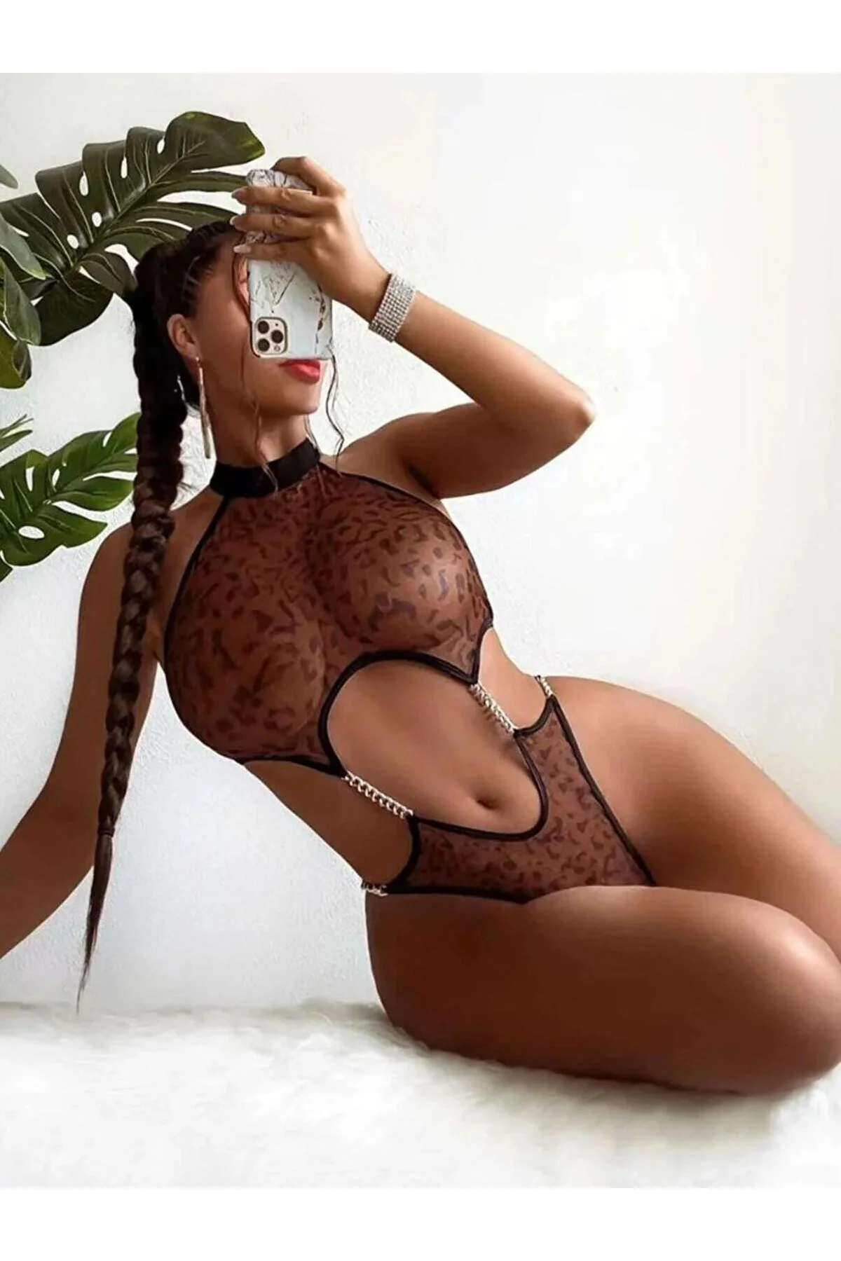 Kadın Leopar Desen Zincirli Kahverengi Babydoll görsel 2