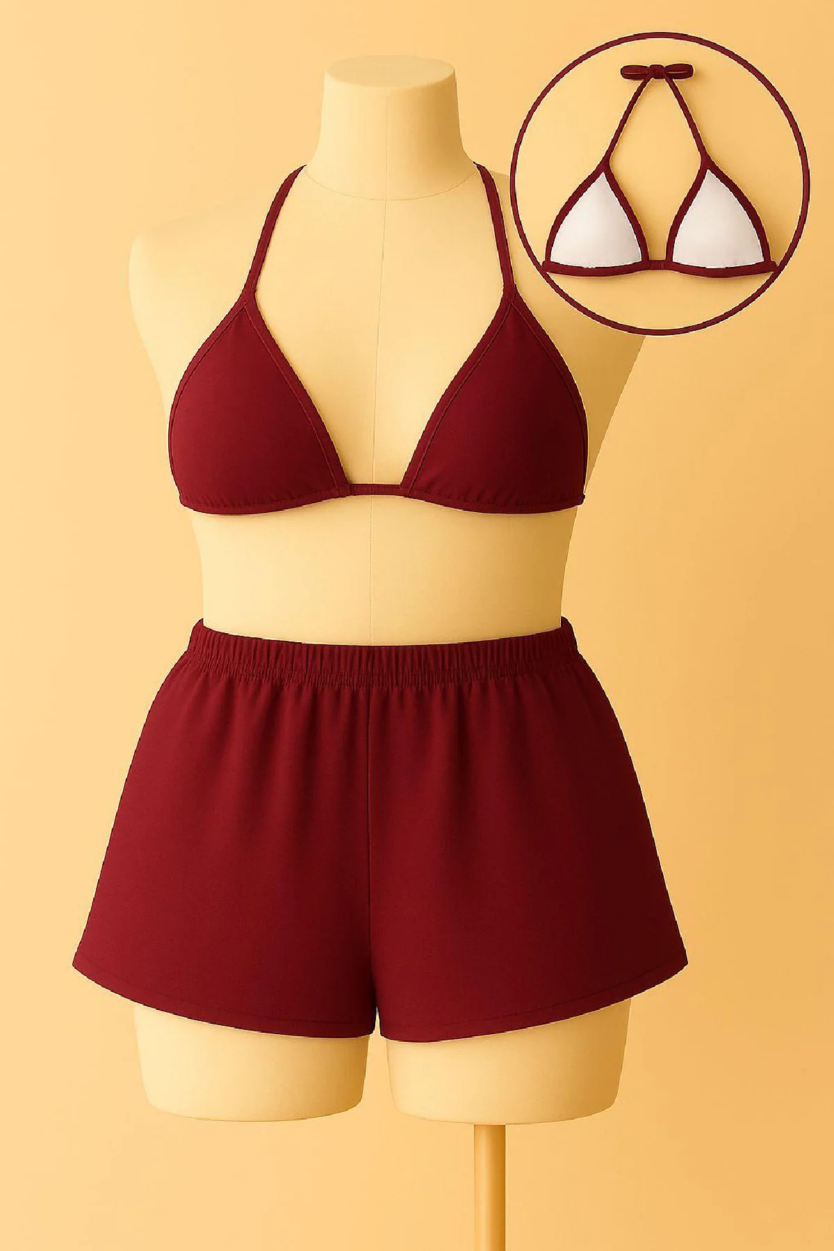 Kadın Bordo Şortlu Belden ve Boyundan Bağlamalı Bikini Takımı görsel 2