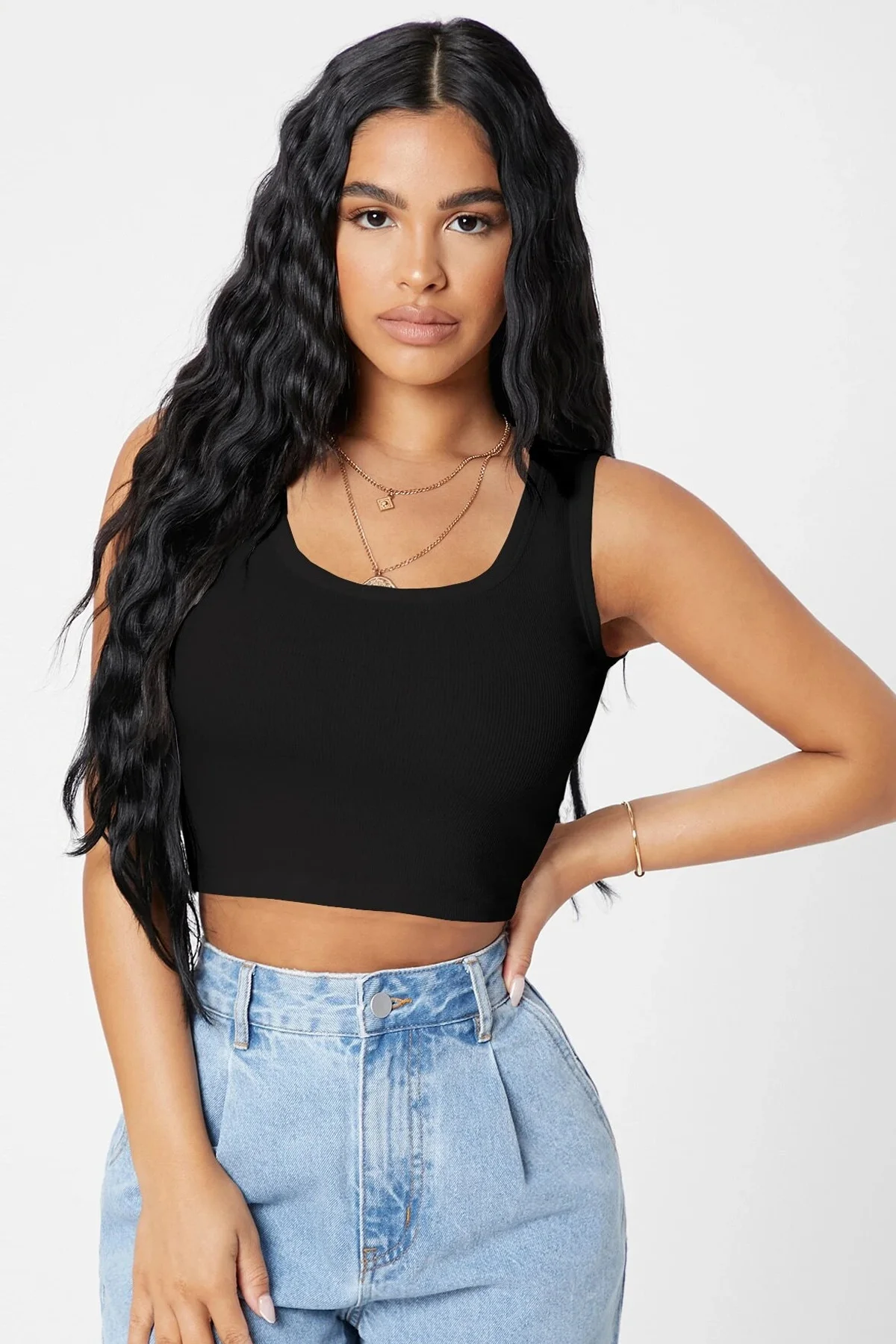 Kadın Siyah Kare Yaka Crop Top Bluz görsel 3