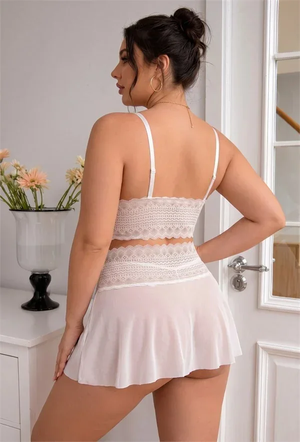 Şık Tasarım Büyük Beden Kadın Beyaz Dantelli Bralet ve Şifon Etek İkili İç Giyim Takımı görsel 4
