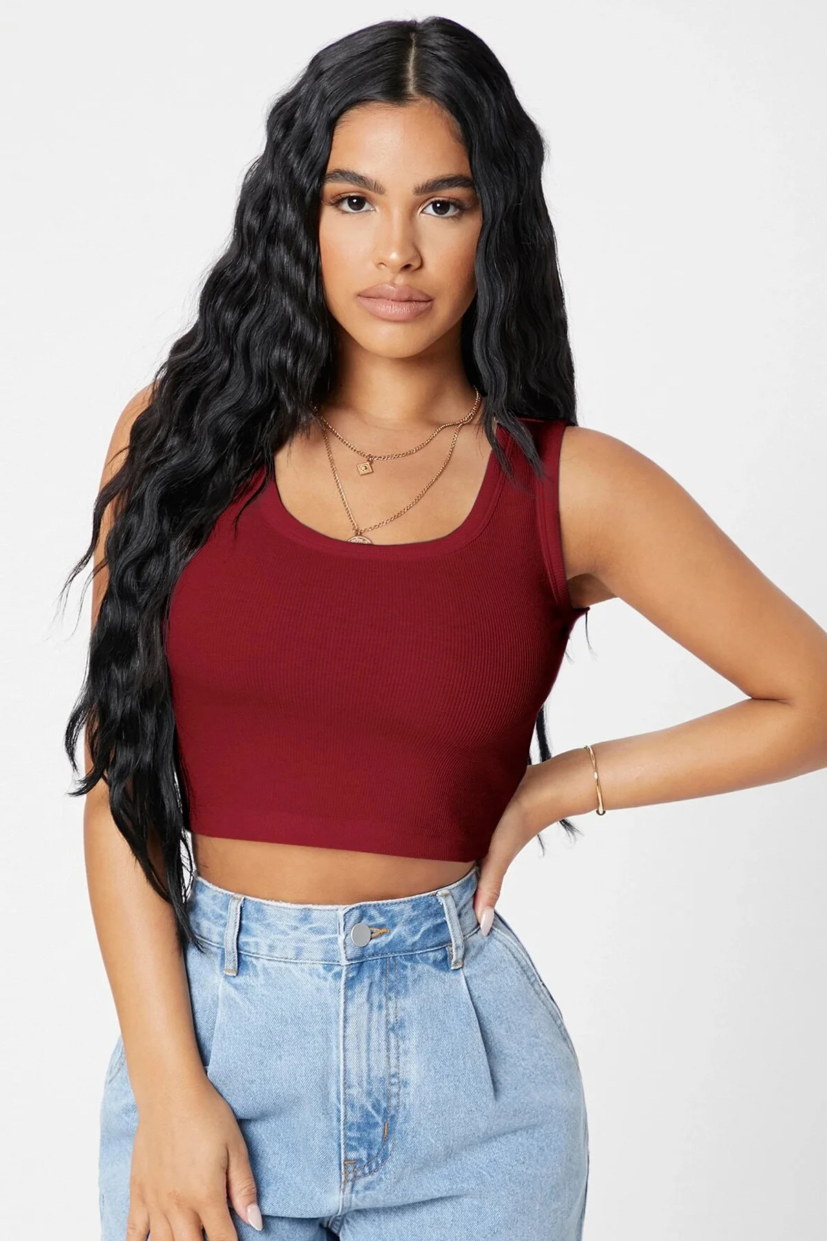 Kadın Bordo Kare Yaka Crop Top Bluz görsel 4