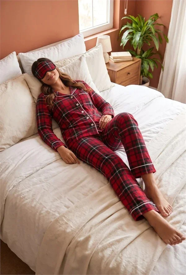 Pamuklu Yumuşak Dokulu Kırmızı Ekoseli Biyeli Düğmeli Uzun Kollu Pijama Takımı (Uyku Gözlüğü Hediye) görsel 3
