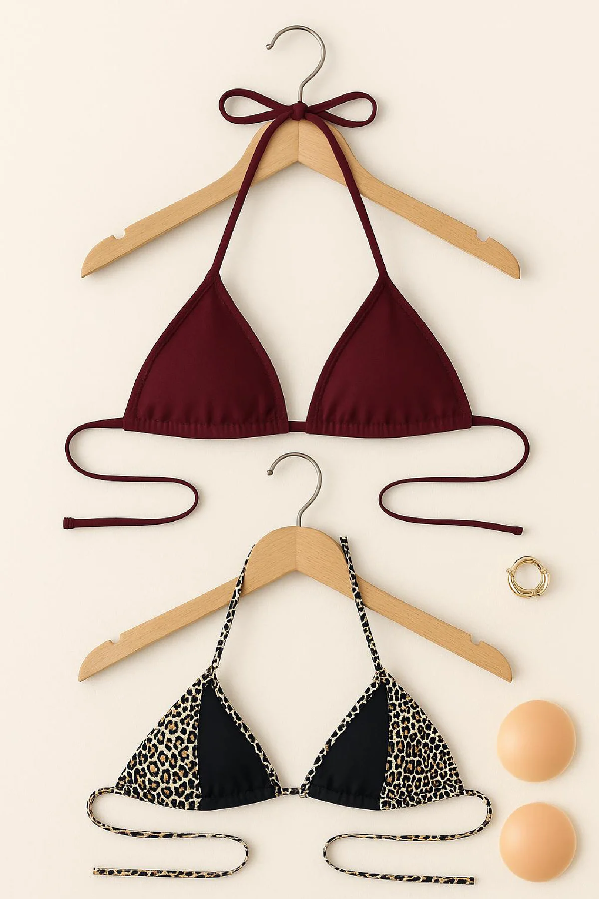 Kadın Leopar Desenli ve Bordo Minimal Kesim Üçgen Bikini Üstü görsel 2