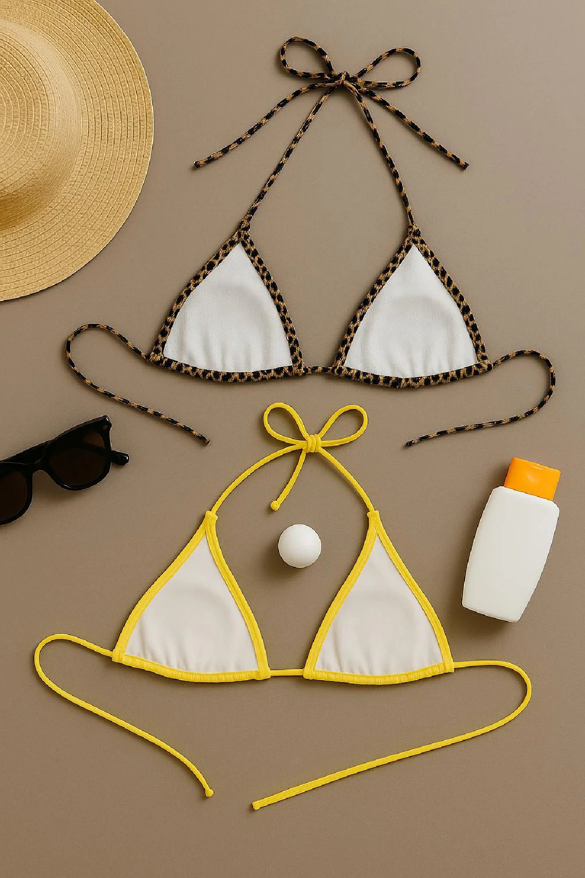 Kadın Leopar Desenli ve Sarı Minimal Kesim Üçgen Bikini Üstü görsel 2