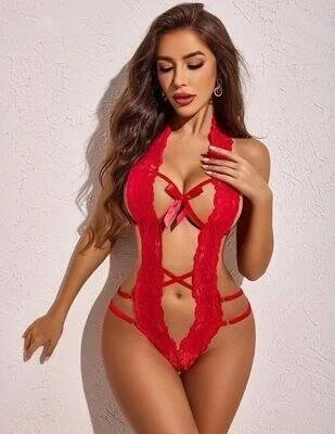 Kadın Kırmızı Dantelli Derin Dekolteli Babydoll görsel 2