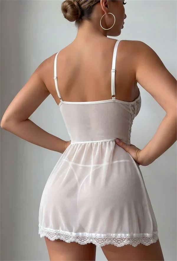 Beyaz Dantelli Korse Görünümlü Önü Bağcıklı Tül Etekli Askılı Babydoll Gecelik Takımı görsel 4