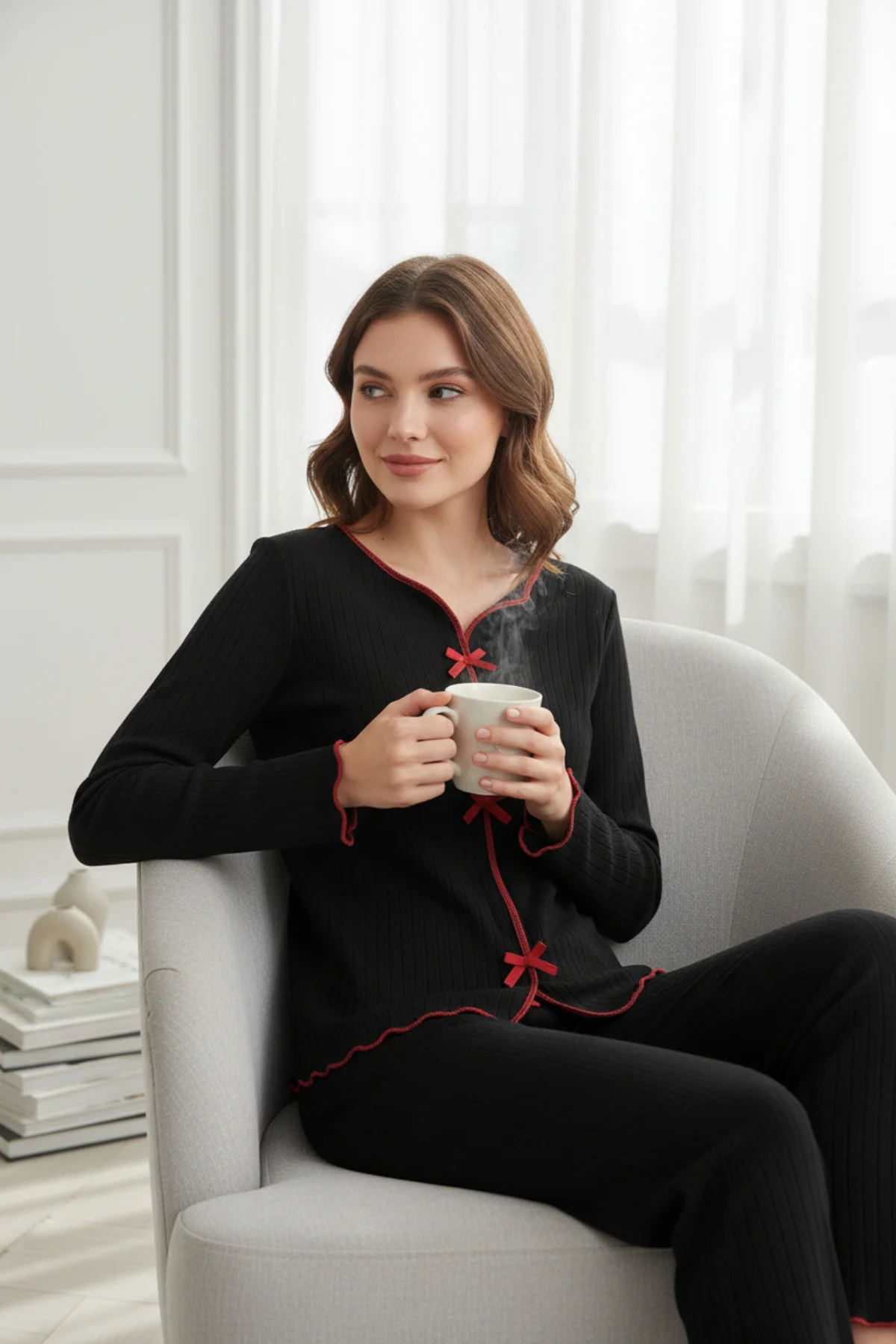 Premium Kadın 4’lü Fitilli Set – Siyah Kırmızı Biyeli (Pijama Üst, Pantolon, Bikini Takımı) görsel 8