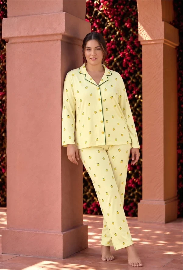 Pamuklu Yumuşak Dokulu Büyük Beden Sarı Limon Desenli Yeşil Biyeli Düğmeli Uzun Kollu Pijama Takımı görsel 4