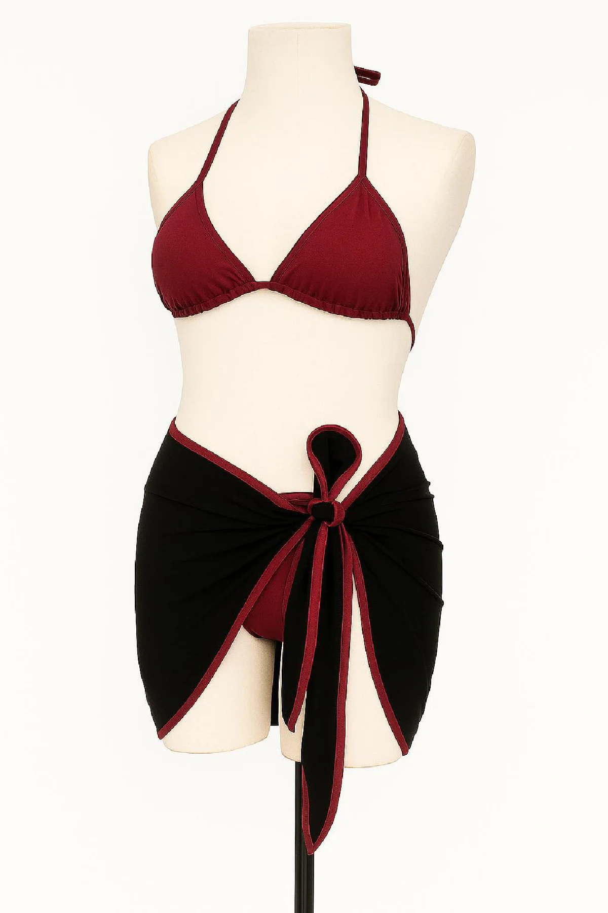 Kadın Bordo Siyah Pareolu Yandan ve Boyundan Bağlamalı 3'lü Bikini Takımı görsel 2