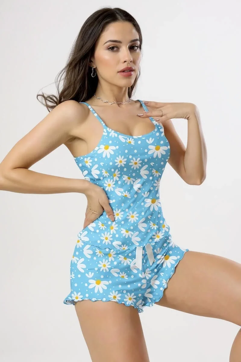 Papatya Baskılı Mavi Askılı Şortlu Pijama Takımı görsel 2