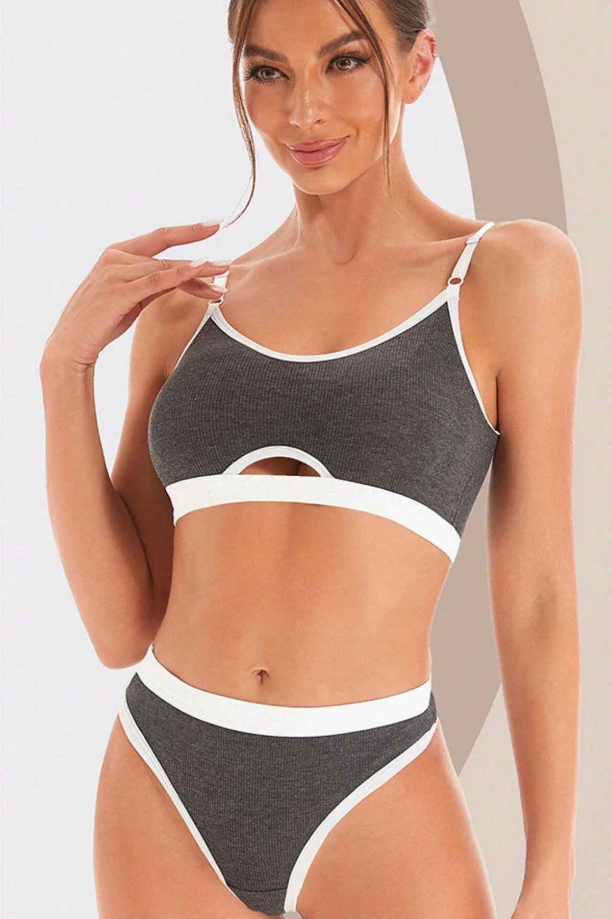 Kadın Gri Antrasit Kaşkorse ve Beyaz Lastikli Cut-Out Tanga Külotlu Takım görsel 2