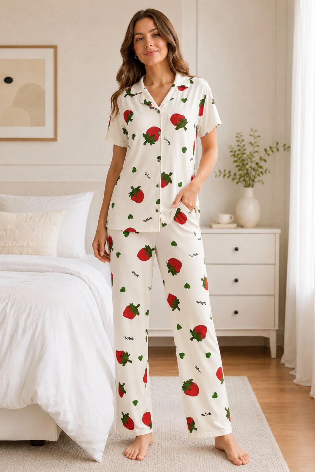 Ekru Çilek Desenli Kısa Kollu Gömlek Yaka Milan Kumaş Kadın Pijama Takımı görsel 3