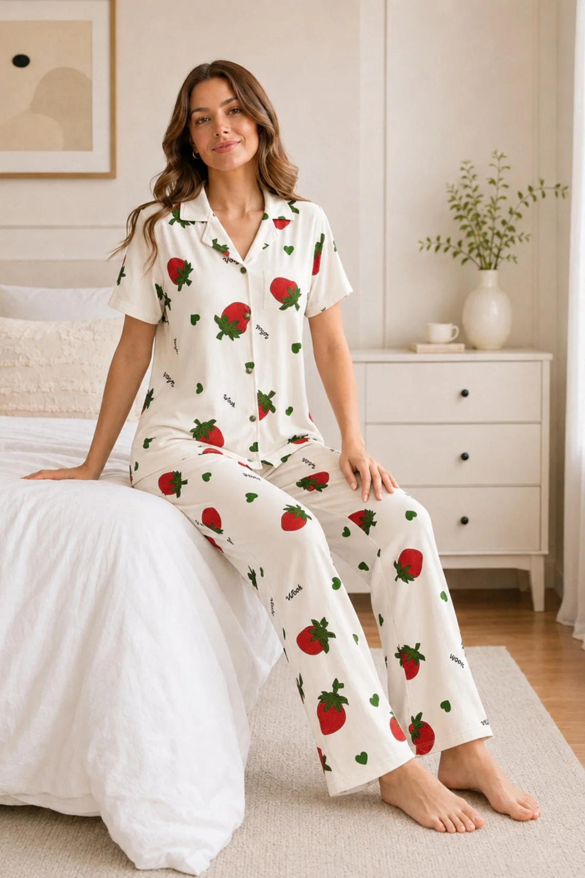 Ekru Çilek Desenli Kısa Kollu Gömlek Yaka Milan Kumaş Kadın Pijama Takımı görsel 2