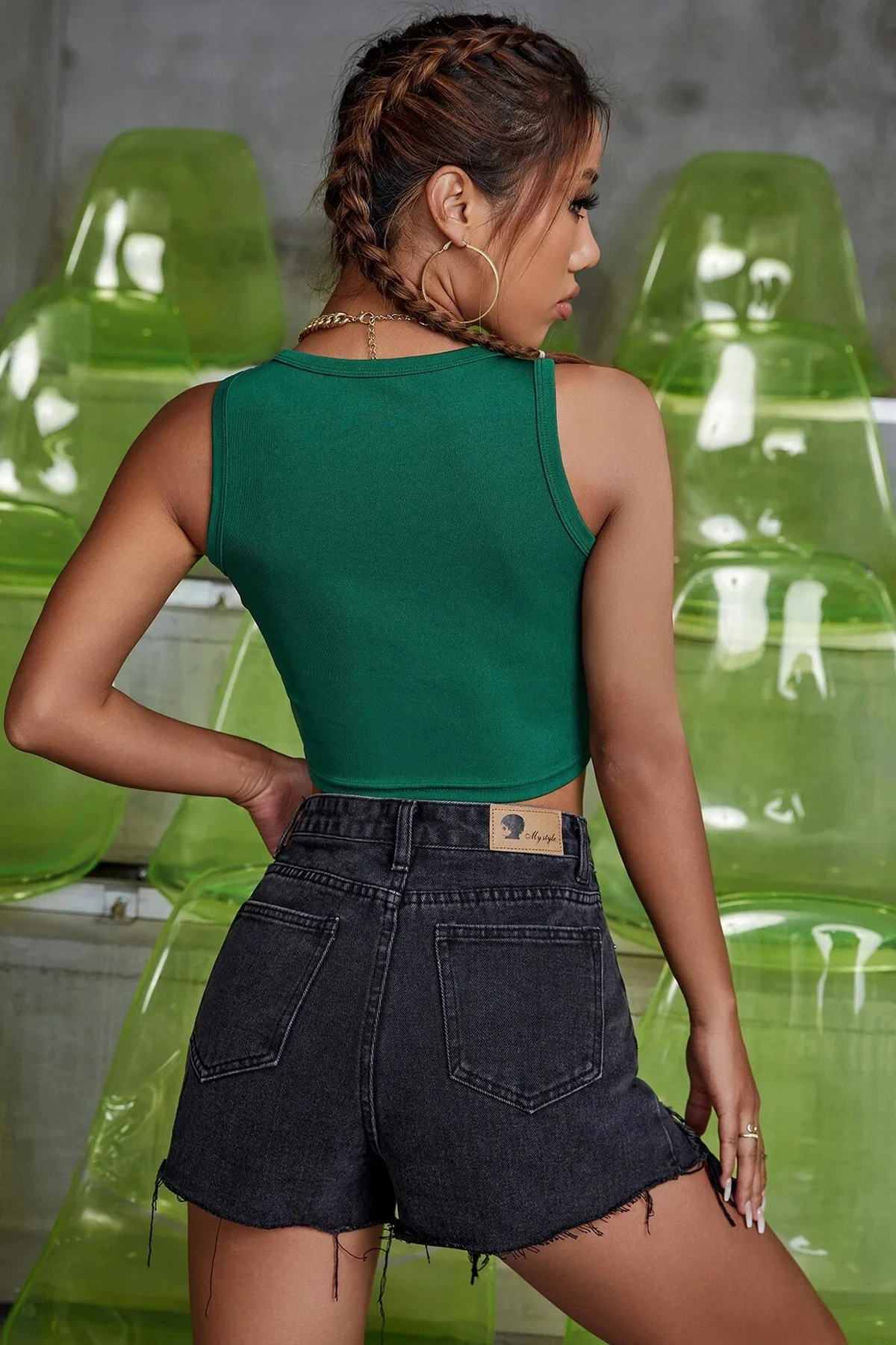 Kadın Yeşil Kare Yaka Crop Top Bluz görsel 2