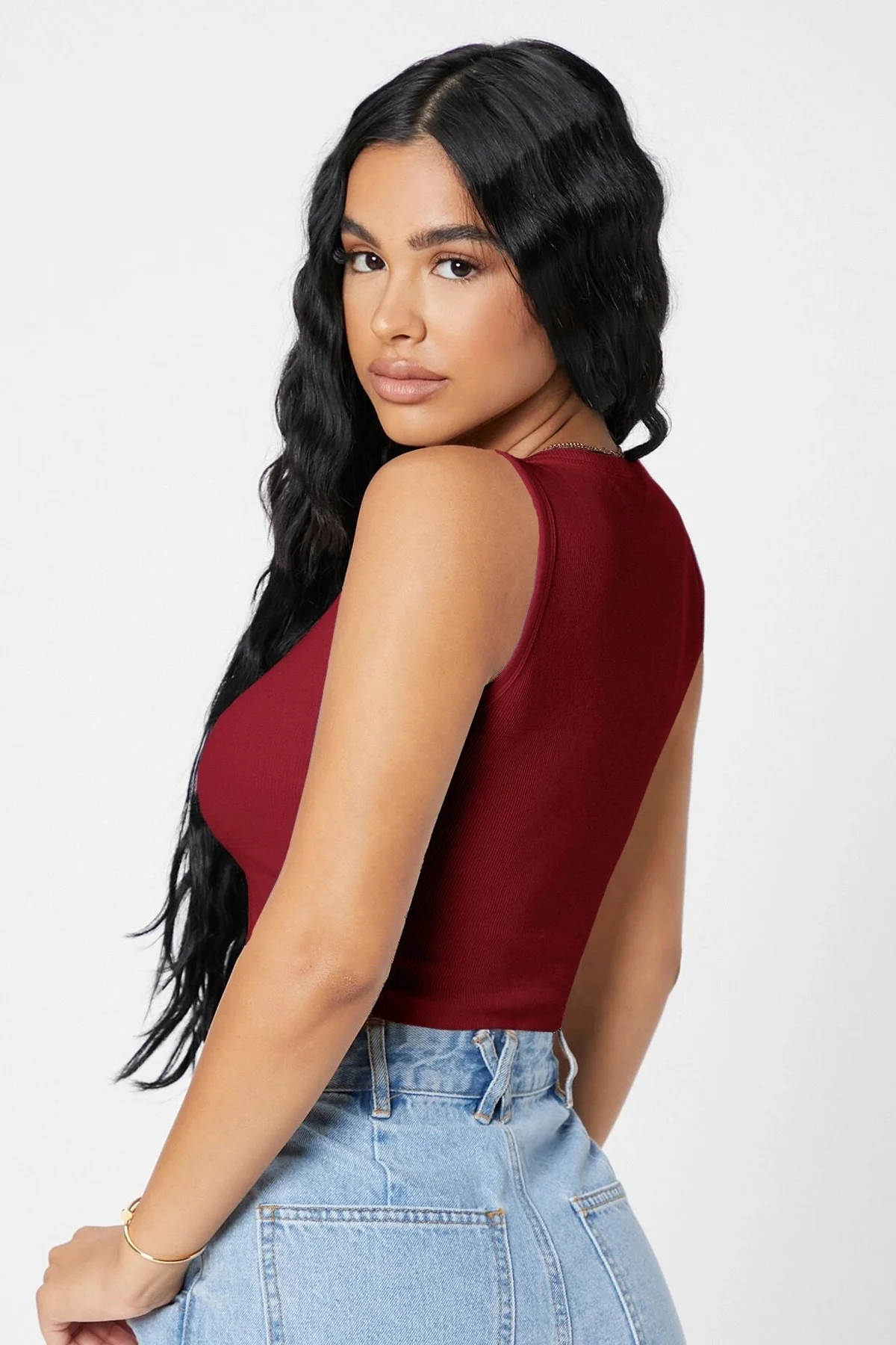 Kadın Bordo Kare Yaka Crop Top Bluz görsel 2