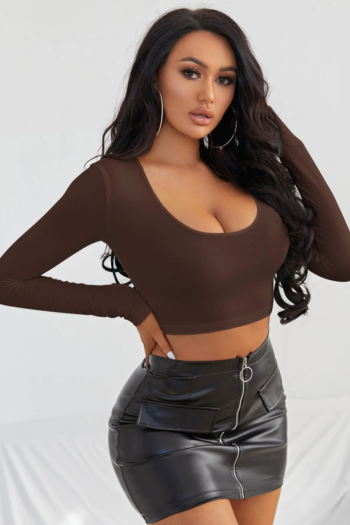 Kadın Kahverengi Uzun Kol Kare Yaka Crop Top Bluz görsel 5