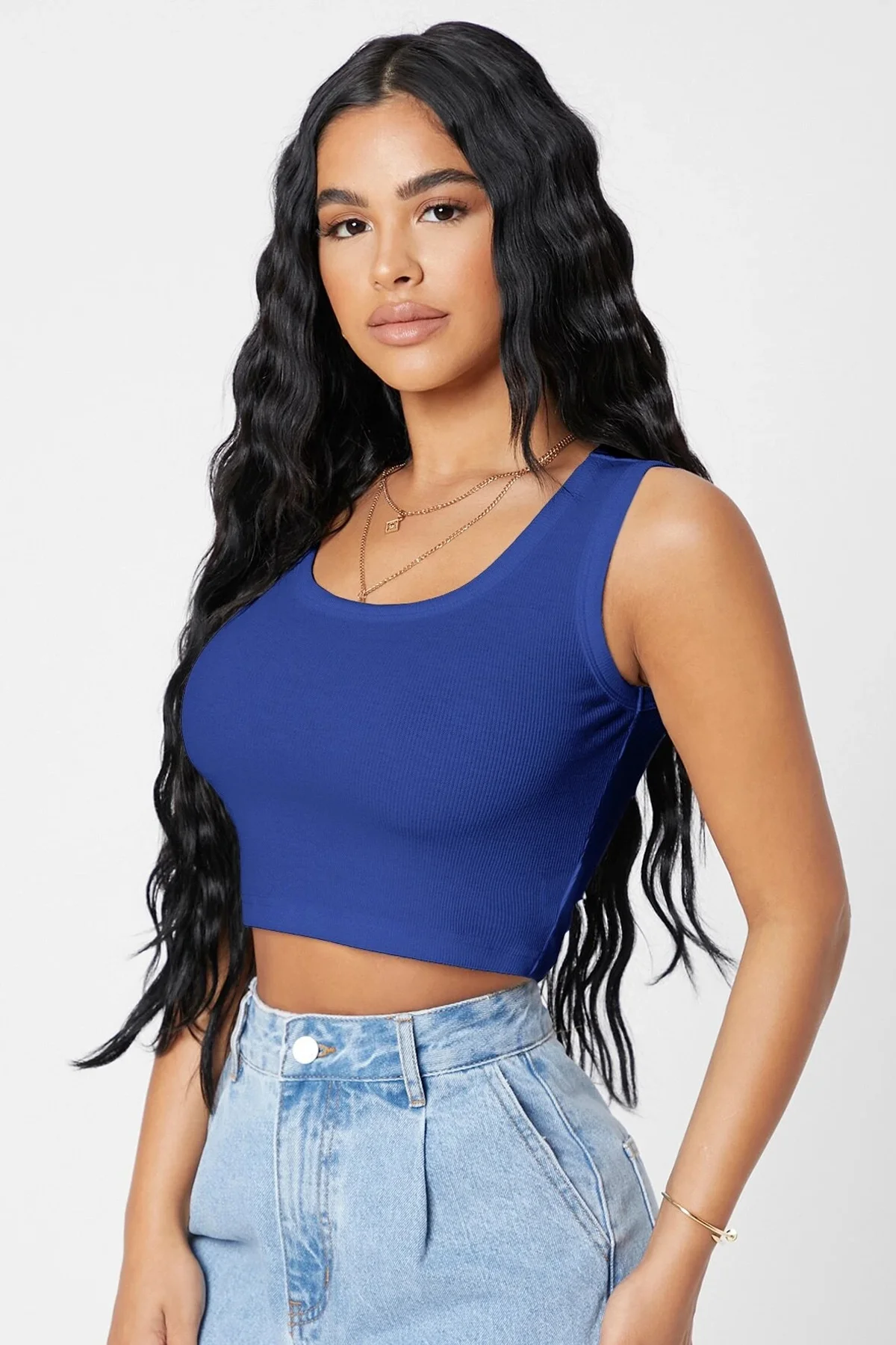 Kadın Lacivert Kare Yaka Crop Top Bluz görsel 5