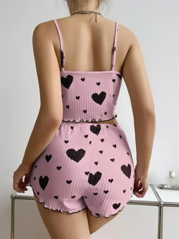 Pamuklu Pembe Üstüne Siyah Kalp Desenli Askılı Fitilli Şortlu Pijama Takımı görsel 3