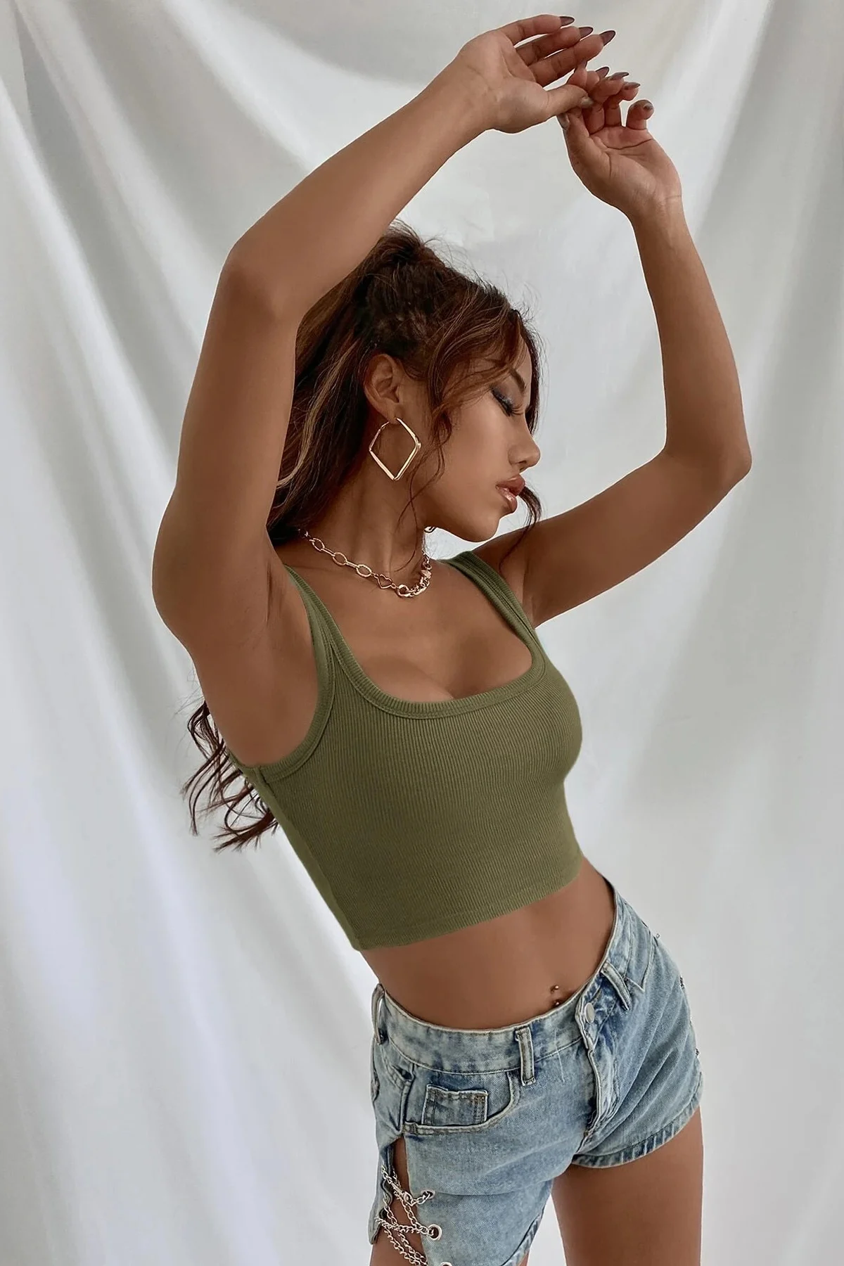 Kadın Haki Yeşili Kalın Askılı Crop Top Büstiyer görsel 3