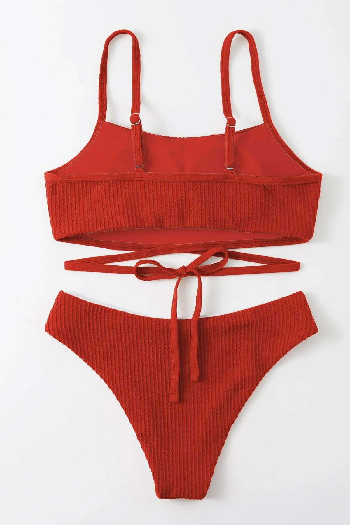 Kadın Kırmızı Çapraz Bağlama Detaylı Yüksek Bel Bikini Takımı görsel 3