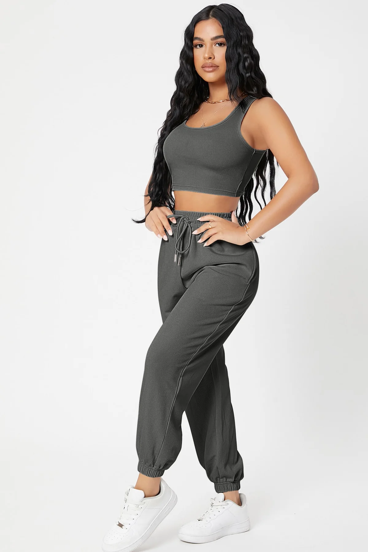 Kadın Antrasit Gri Kaşkorse Cepli Jogger Eşofman Altı ve Crop Top Bluz görsel 3